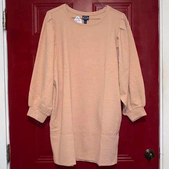🆕 Scoop Puff Sleeve Crew Neck Sweatshirt Dress Beige Large (Size 12-14) - Picture 4 of 9